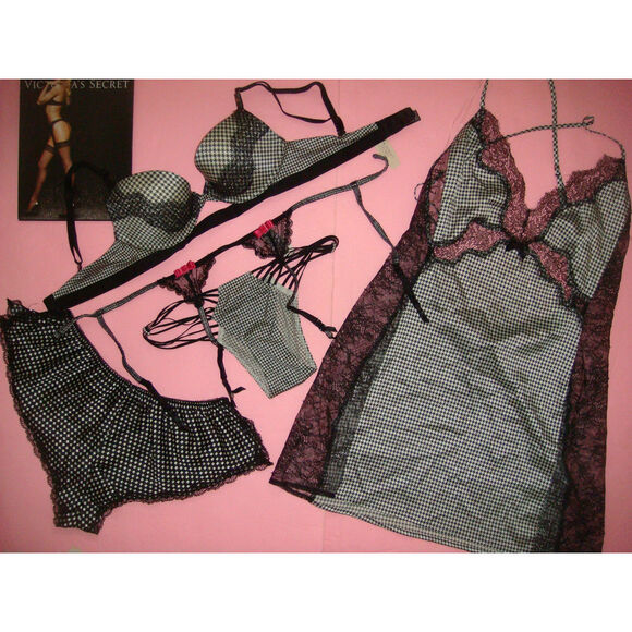 NWT Victoria's Secret 32B BRA SET+garter+SHORTS+SLIP Black White Plaid VERY SEXY